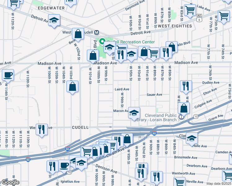map of restaurants, bars, coffee shops, grocery stores, and more near 2130 West 96th Street in Cleveland