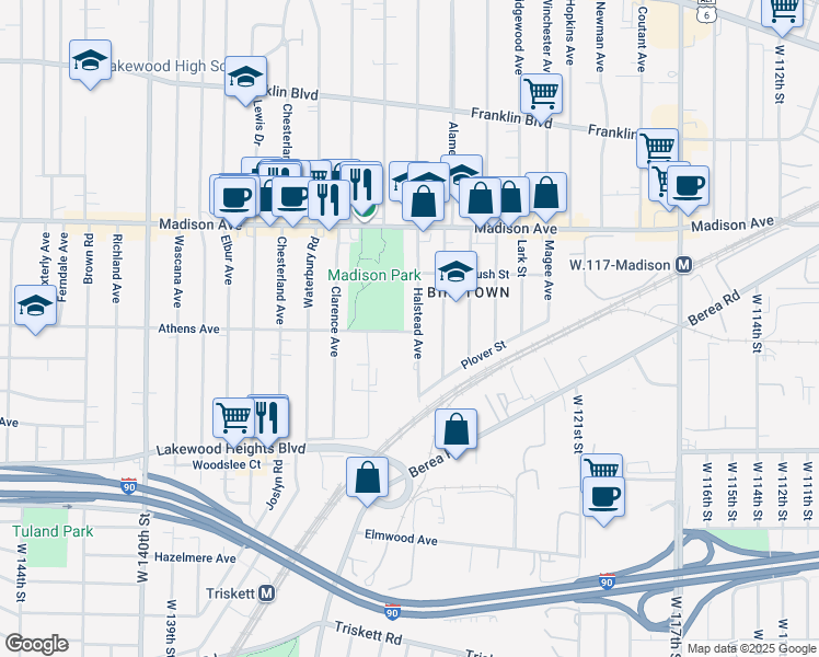 map of restaurants, bars, coffee shops, grocery stores, and more near 13000 Athens Avenue in Lakewood