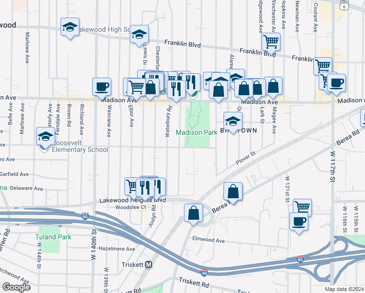 map of restaurants, bars, coffee shops, grocery stores, and more near 13331 Athens Avenue in Lakewood
