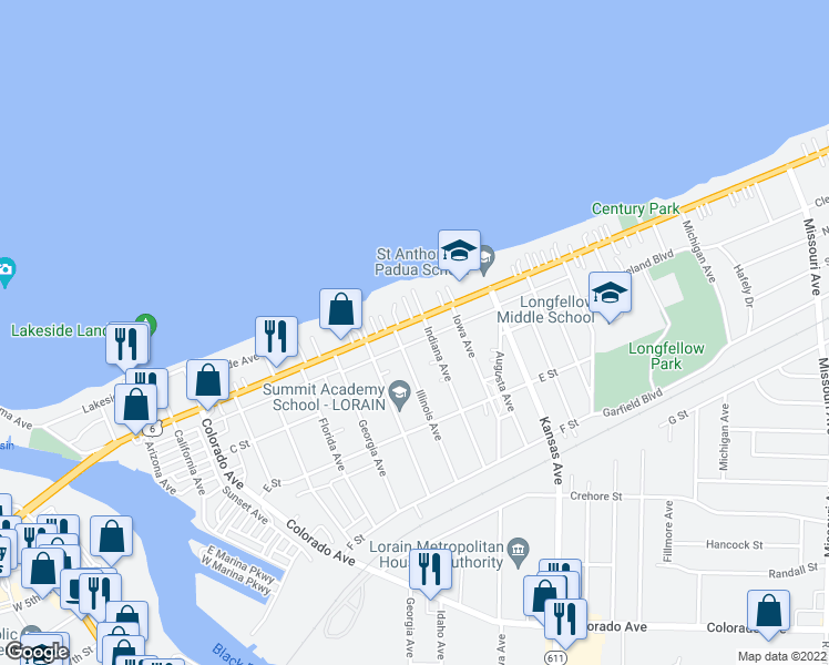 map of restaurants, bars, coffee shops, grocery stores, and more near 221 Illinois Avenue in Lorain