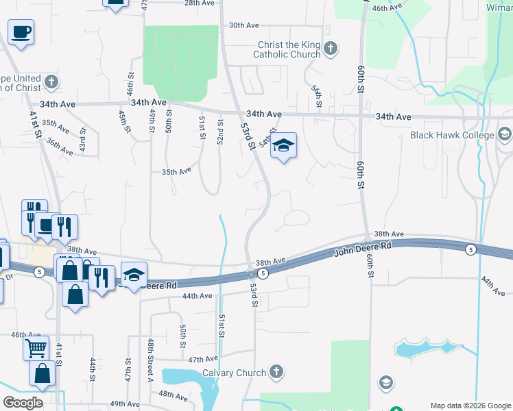 map of restaurants, bars, coffee shops, grocery stores, and more near 5214 37th Avenue Court in Moline
