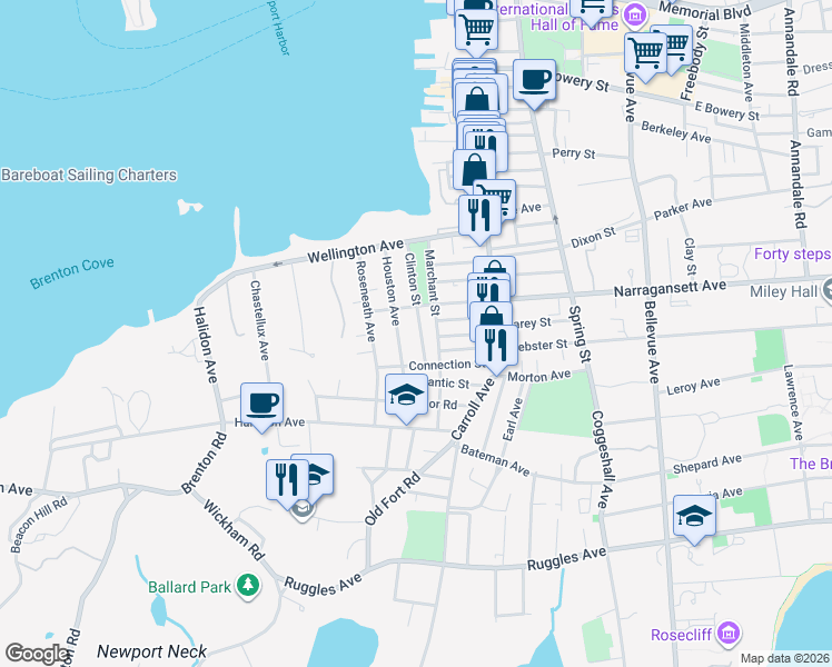 map of restaurants, bars, coffee shops, grocery stores, and more near 61 Clinton Street in Newport