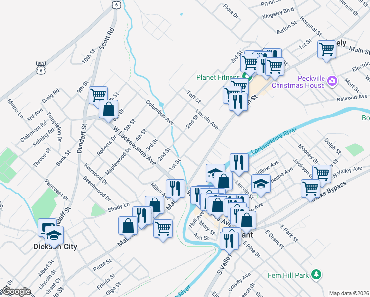 map of restaurants, bars, coffee shops, grocery stores, and more near 715 W Grant St in Blakely