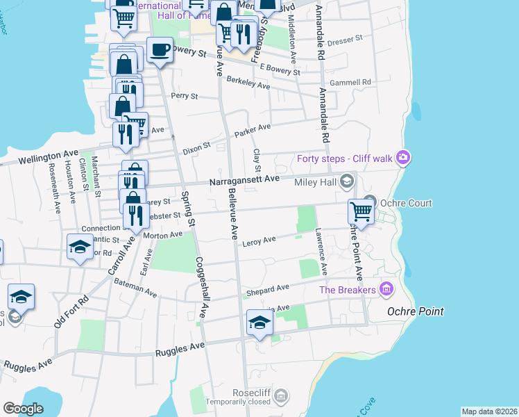 map of restaurants, bars, coffee shops, grocery stores, and more near Webster Street in Newport