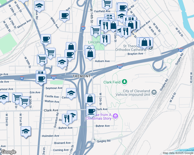 map of restaurants, bars, coffee shops, grocery stores, and more near 2850 West 12th Street in Cleveland
