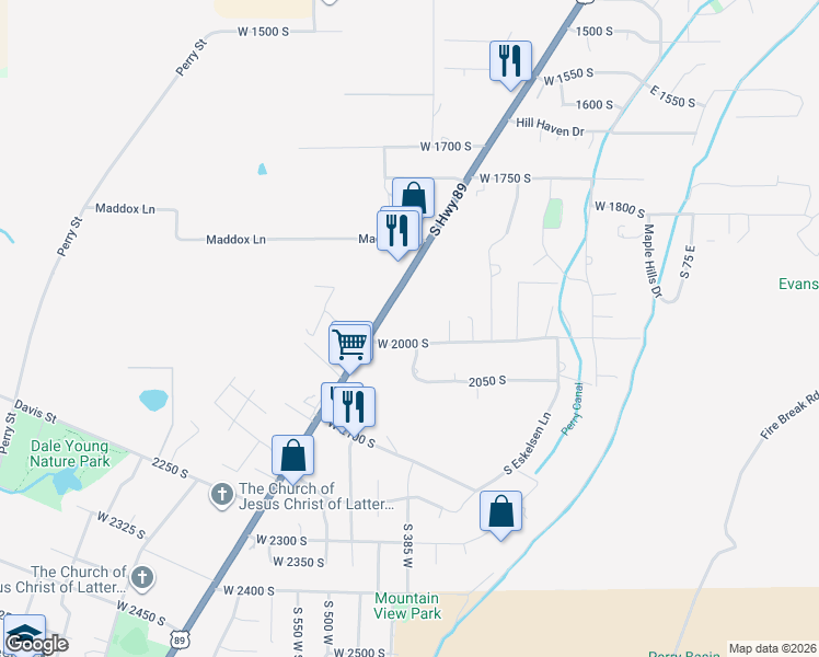 map of restaurants, bars, coffee shops, grocery stores, and more near 420 West 2000 South in Perry