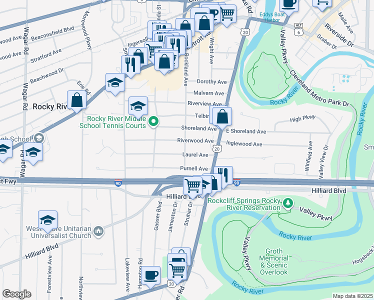 map of restaurants, bars, coffee shops, grocery stores, and more near 19494 Laurel Avenue in Rocky River