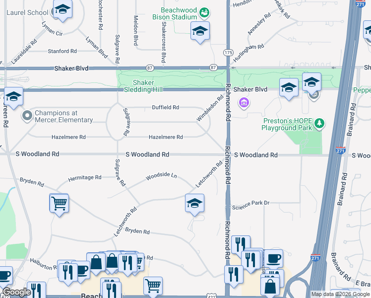 map of restaurants, bars, coffee shops, grocery stores, and more near 25200 South Woodland Road in Beachwood