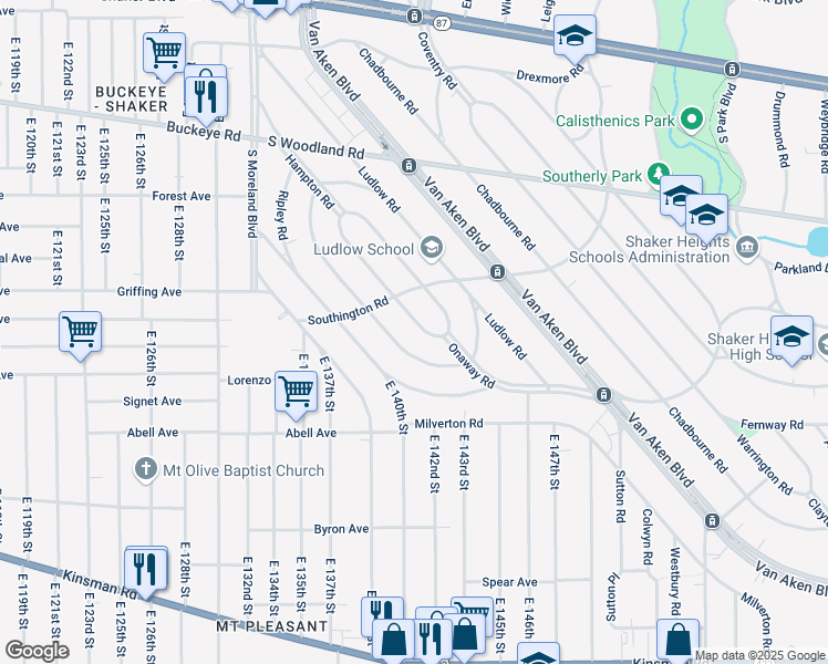 map of restaurants, bars, coffee shops, grocery stores, and more near 3162 Becket Road in Cleveland