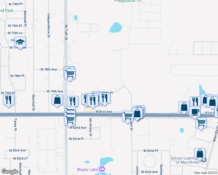 map of restaurants, bars, coffee shops, grocery stores, and more near 1852 West 79th Place in Merrillville