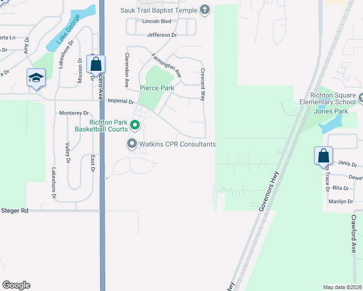 map of restaurants, bars, coffee shops, grocery stores, and more near 22716 Lori Court in Richton Park