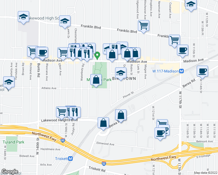 map of restaurants, bars, coffee shops, grocery stores, and more near 2100 Halstead Avenue in Lakewood