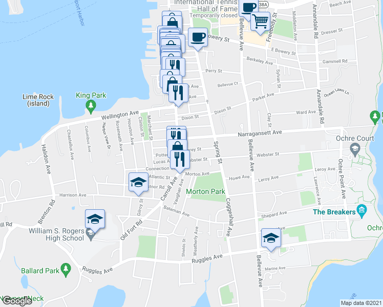 map of restaurants, bars, coffee shops, grocery stores, and more near 9 Webster Street in Newport