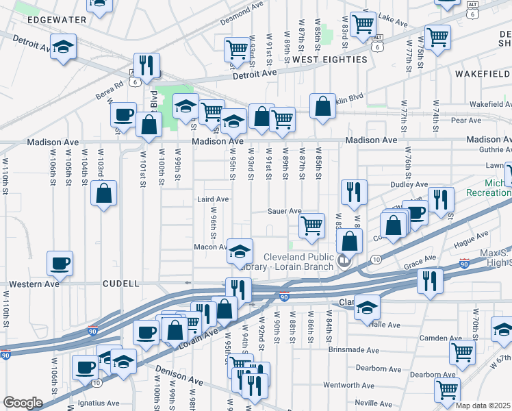 map of restaurants, bars, coffee shops, grocery stores, and more near 2107 West 93rd Street in Cleveland
