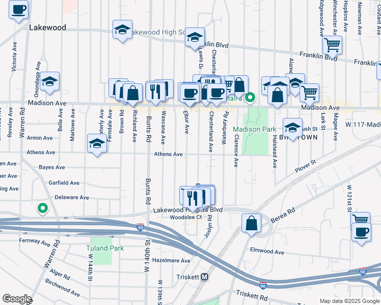 map of restaurants, bars, coffee shops, grocery stores, and more near 2105 Elbur Avenue in Lakewood