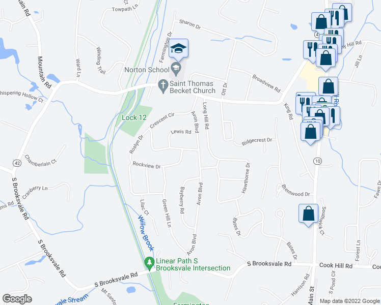 map of restaurants, bars, coffee shops, grocery stores, and more near 281 Crescent Circle in Cheshire