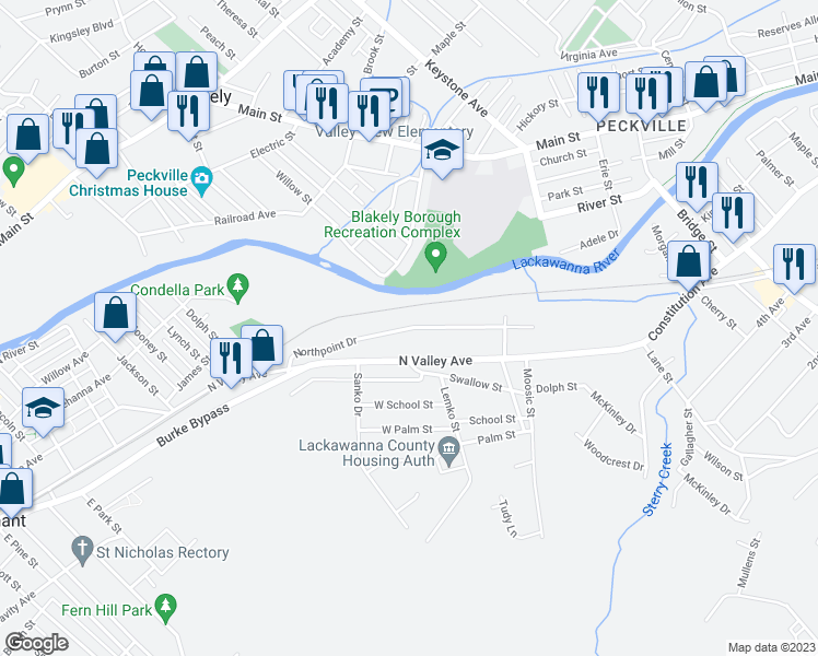 map of restaurants, bars, coffee shops, grocery stores, and more near 130 Northpoint Drive in Olyphant