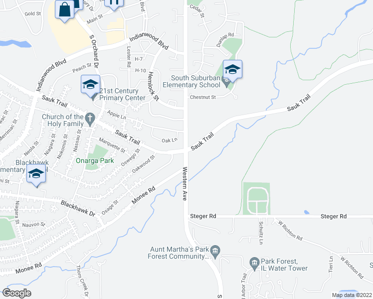 map of restaurants, bars, coffee shops, grocery stores, and more near S Western Ave & Sauk Trail in Park Forest