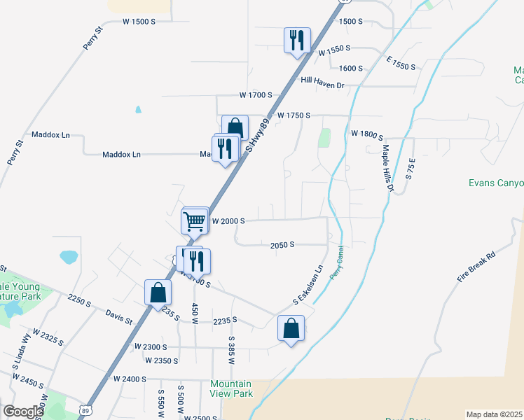 map of restaurants, bars, coffee shops, grocery stores, and more near 300 West 2000 South in Perry