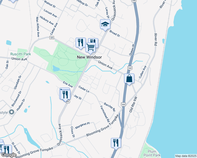 map of restaurants, bars, coffee shops, grocery stores, and more near 45 Kenwood Drive in New Windsor