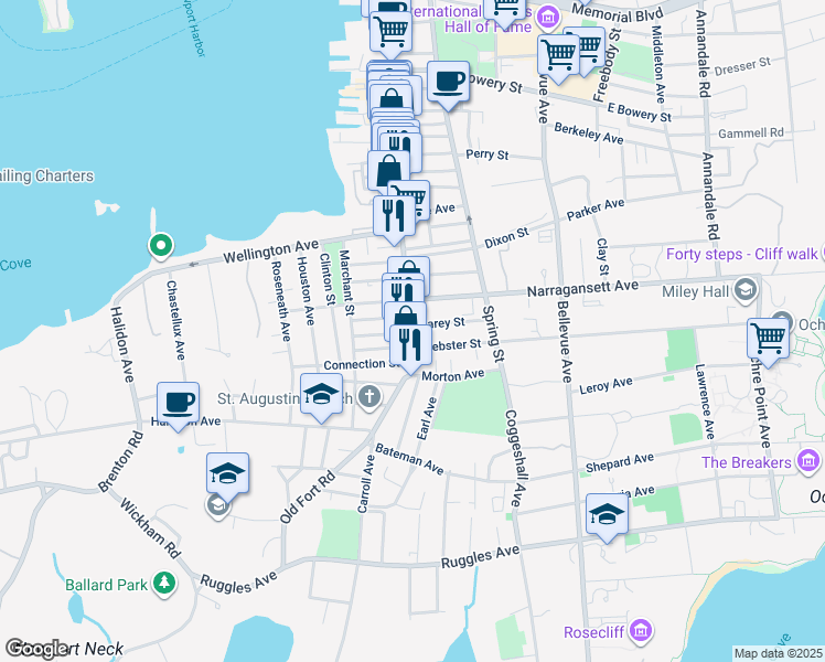 map of restaurants, bars, coffee shops, grocery stores, and more near 670 Thames Street in Newport