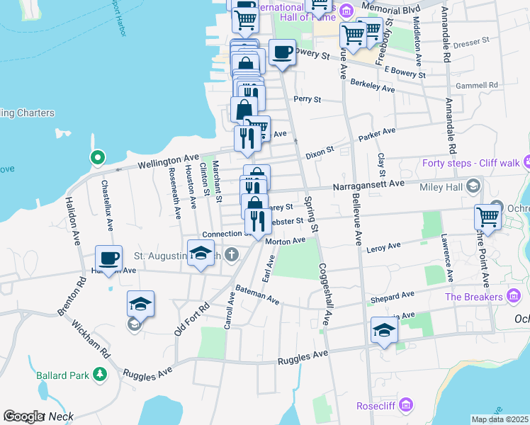 map of restaurants, bars, coffee shops, grocery stores, and more near 9 Webster Street in Newport