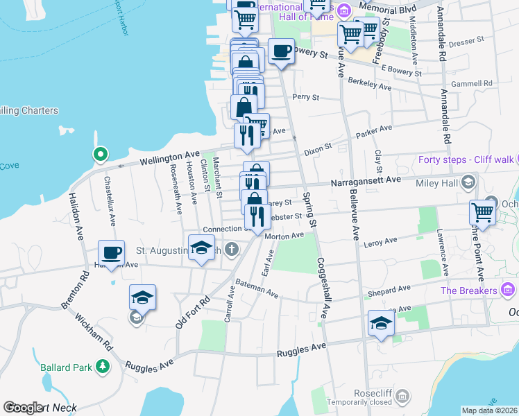 map of restaurants, bars, coffee shops, grocery stores, and more near 9 Webster Street in Newport
