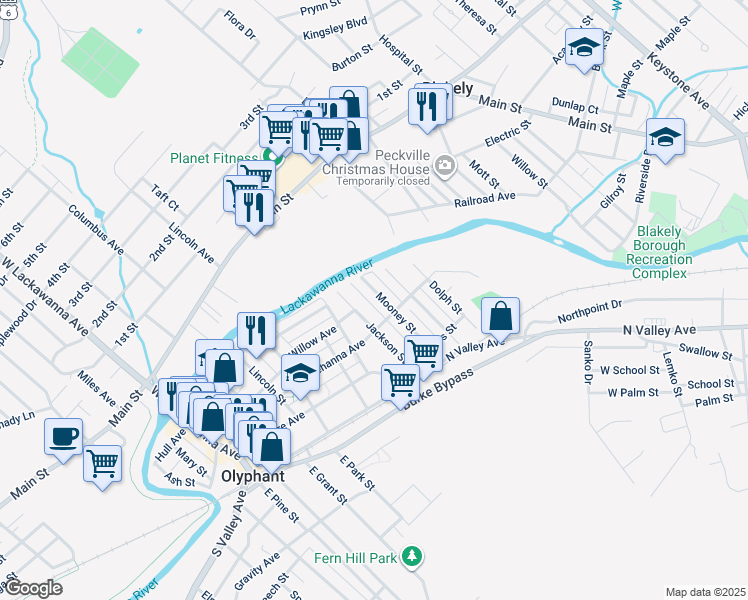 map of restaurants, bars, coffee shops, grocery stores, and more near 205 Jackson Street in Olyphant