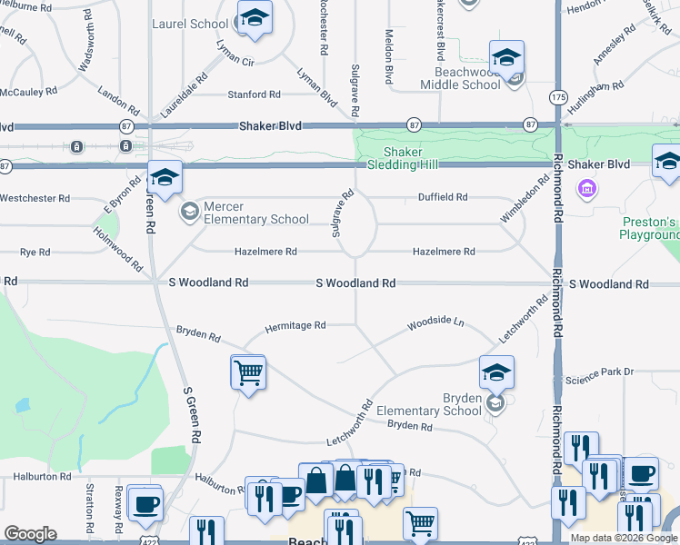 map of restaurants, bars, coffee shops, grocery stores, and more near 24150 South Woodland Road in Shaker Heights