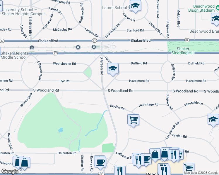 map of restaurants, bars, coffee shops, grocery stores, and more near 23200 South Woodland Road in Shaker Heights