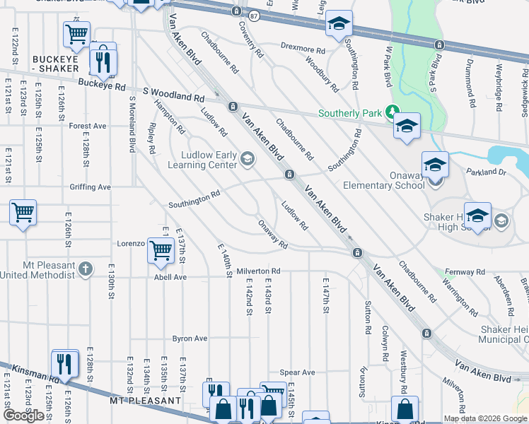 map of restaurants, bars, coffee shops, grocery stores, and more near 3160 Sebor Road in Shaker Heights