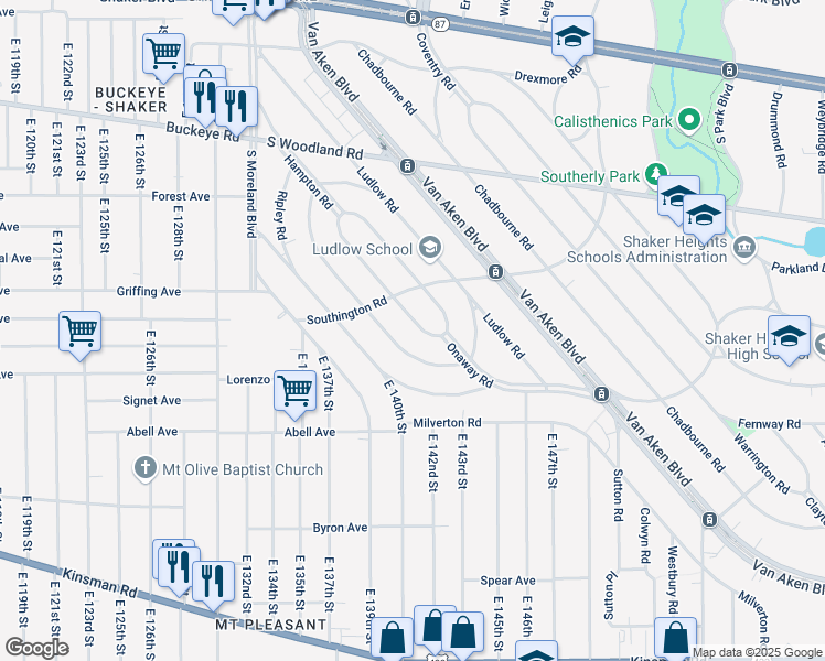 map of restaurants, bars, coffee shops, grocery stores, and more near 3162 Becket Road in Cleveland