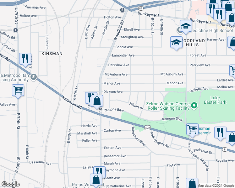 map of restaurants, bars, coffee shops, grocery stores, and more near 9417 Hilgert Drive in Cleveland