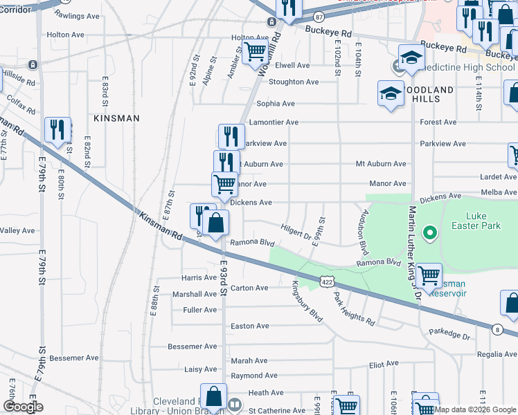 map of restaurants, bars, coffee shops, grocery stores, and more near 9417 Hilgert Drive in Cleveland