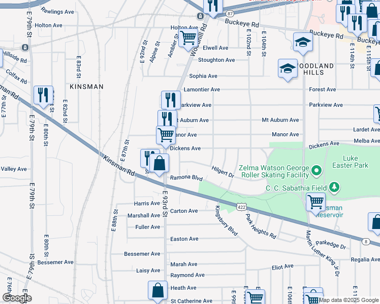map of restaurants, bars, coffee shops, grocery stores, and more near 9417 Hilgert Drive in Cleveland