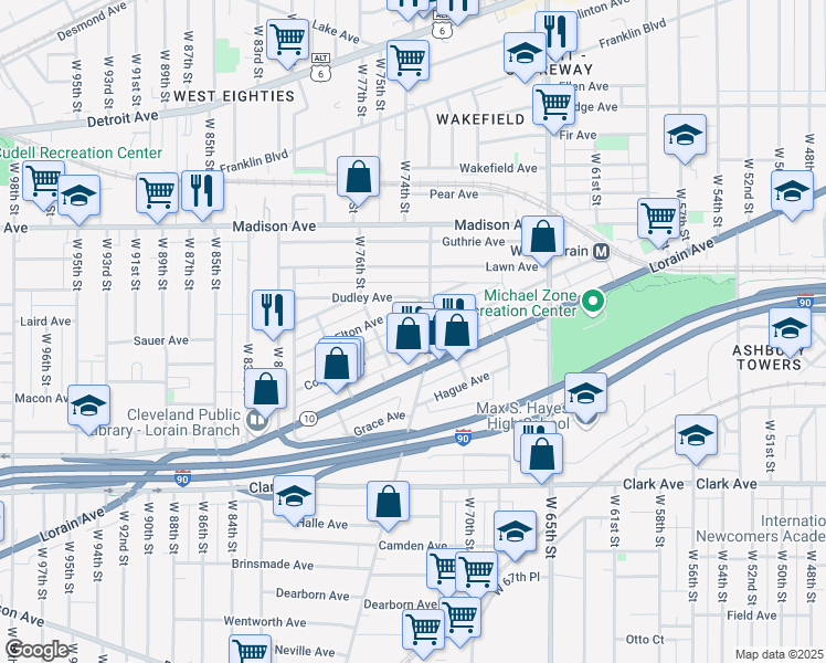 map of restaurants, bars, coffee shops, grocery stores, and more near 7311 Colgate Court in Cleveland