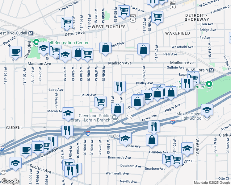 map of restaurants, bars, coffee shops, grocery stores, and more near 2130 West 81st Street in Cleveland