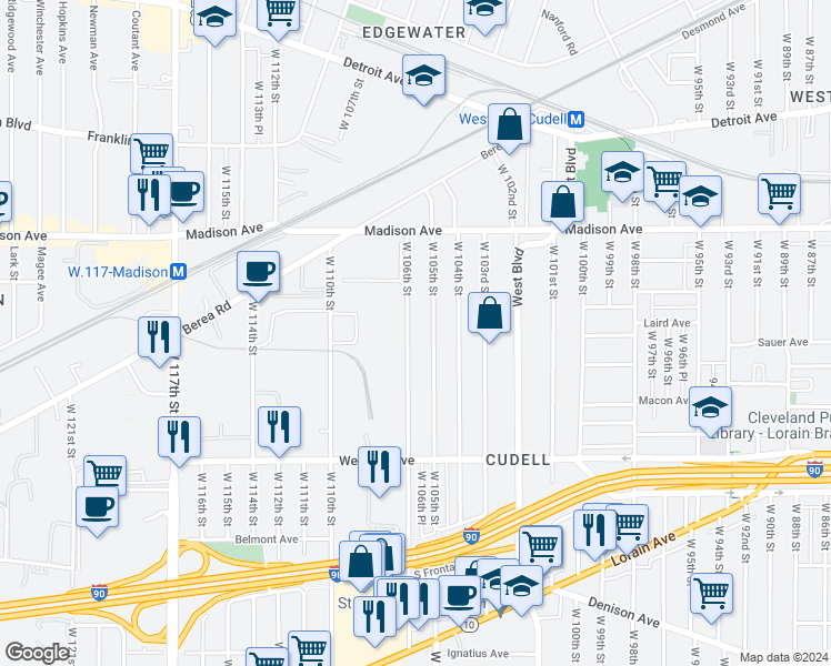 map of restaurants, bars, coffee shops, grocery stores, and more near 2128 West 105th Street in Cleveland