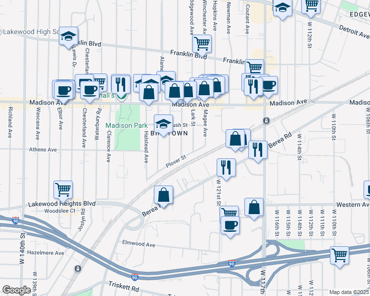 map of restaurants, bars, coffee shops, grocery stores, and more near 12315 Plover Street in Lakewood