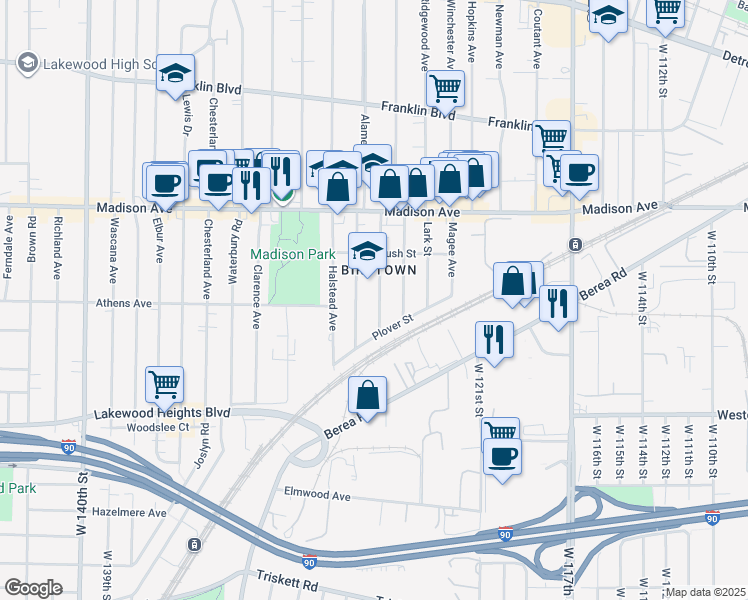 map of restaurants, bars, coffee shops, grocery stores, and more near 2127 Quail Street in Lakewood