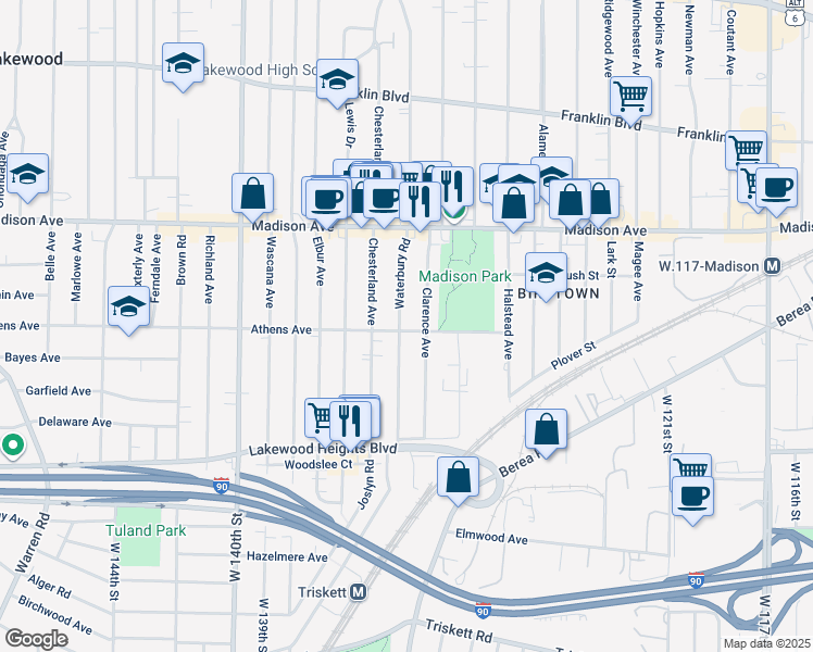 map of restaurants, bars, coffee shops, grocery stores, and more near 2125 Waterbury Road in Lakewood
