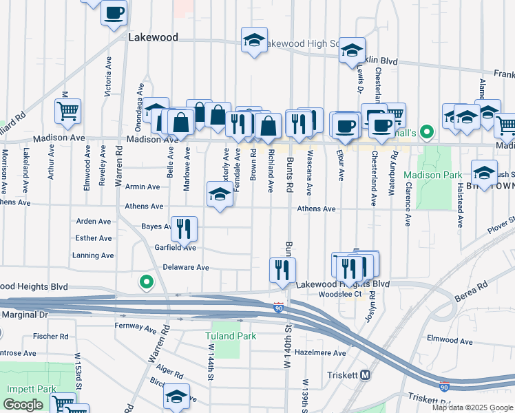 map of restaurants, bars, coffee shops, grocery stores, and more near 2129 Brown Road in Lakewood
