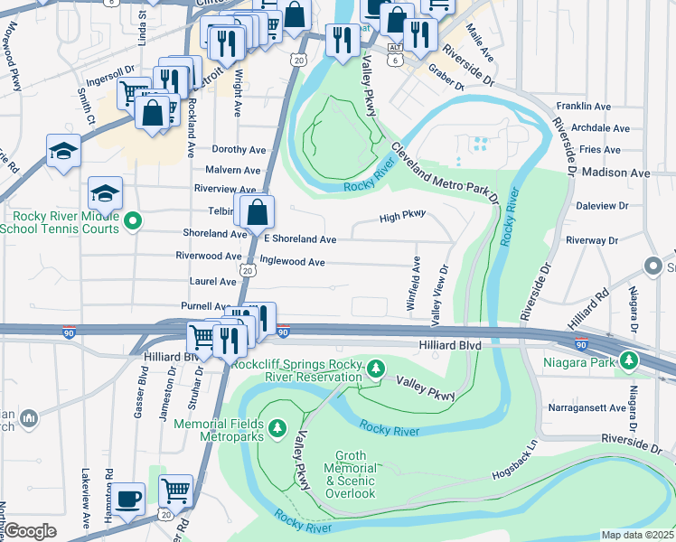 map of restaurants, bars, coffee shops, grocery stores, and more near 18850 Rocky River Oval in Rocky River