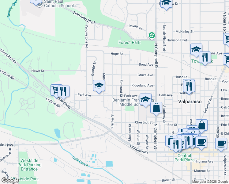 map of restaurants, bars, coffee shops, grocery stores, and more near 462 Center Street in Valparaiso