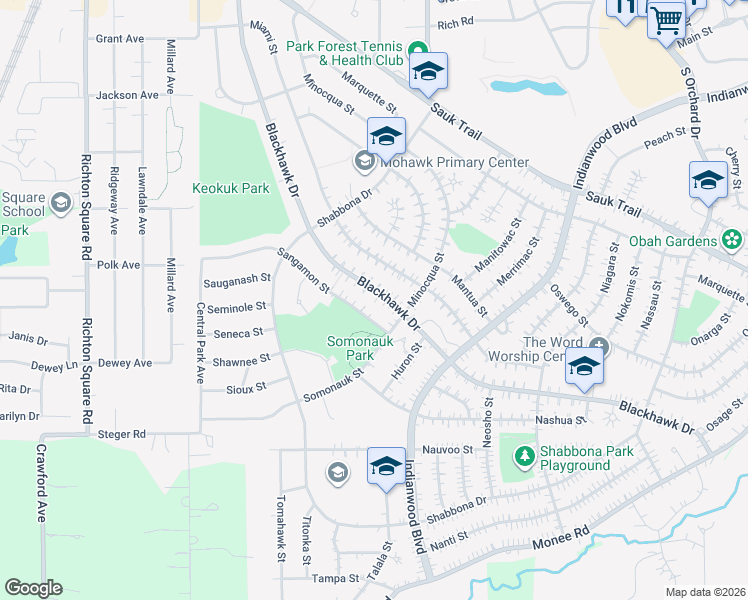 map of restaurants, bars, coffee shops, grocery stores, and more near 238 Sangamon Street in Park Forest