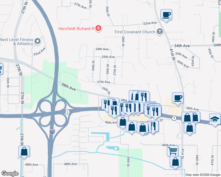 map of restaurants, bars, coffee shops, grocery stores, and more near 3737 38th Avenue in Moline
