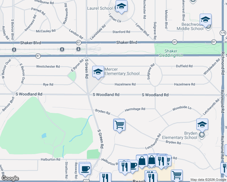 map of restaurants, bars, coffee shops, grocery stores, and more near 23500 South Woodland Road in Shaker Heights