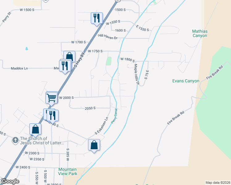 map of restaurants, bars, coffee shops, grocery stores, and more near 60 East 200 North in Perry