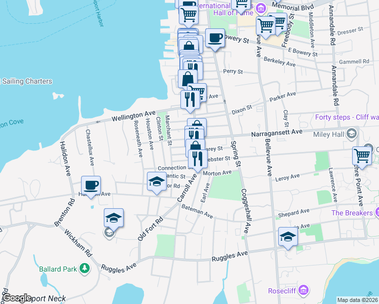 map of restaurants, bars, coffee shops, grocery stores, and more near 6 Lucas Avenue in Newport