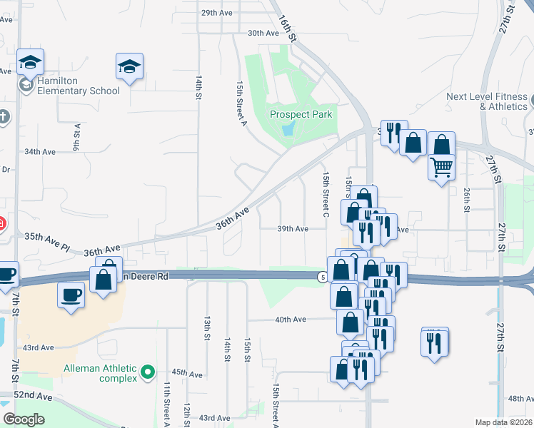 map of restaurants, bars, coffee shops, grocery stores, and more near 1501 39th Avenue in Moline